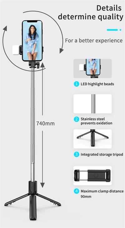 3-in-1 Multifunctional Selfie Stick Tripod Stand with LED Fill Light